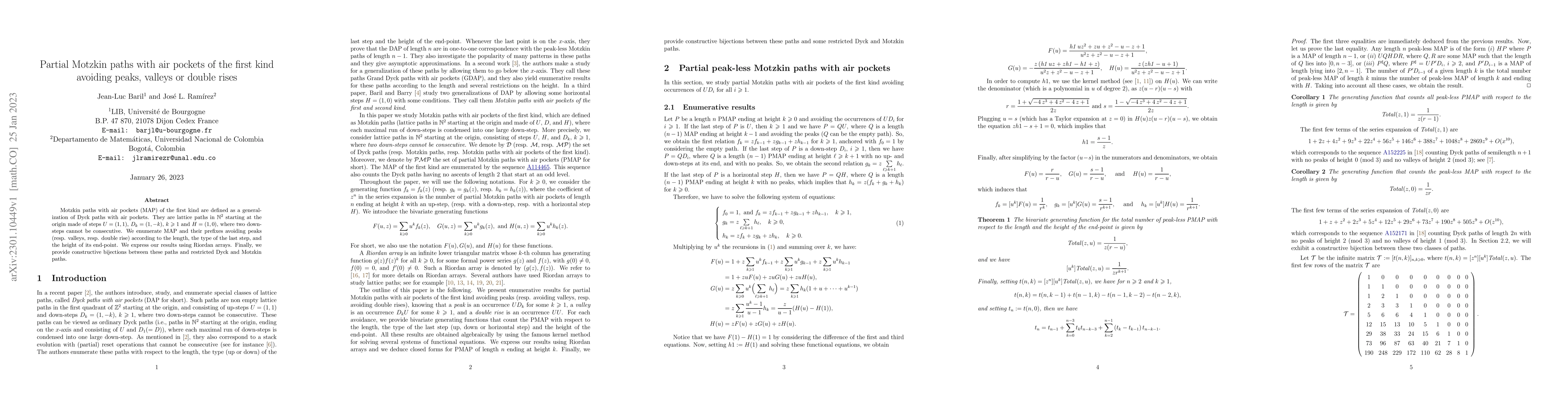 Thumbnail for Partial Motzkin paths with air pockets of the first kind avoiding peaks,
  valleys or double rises