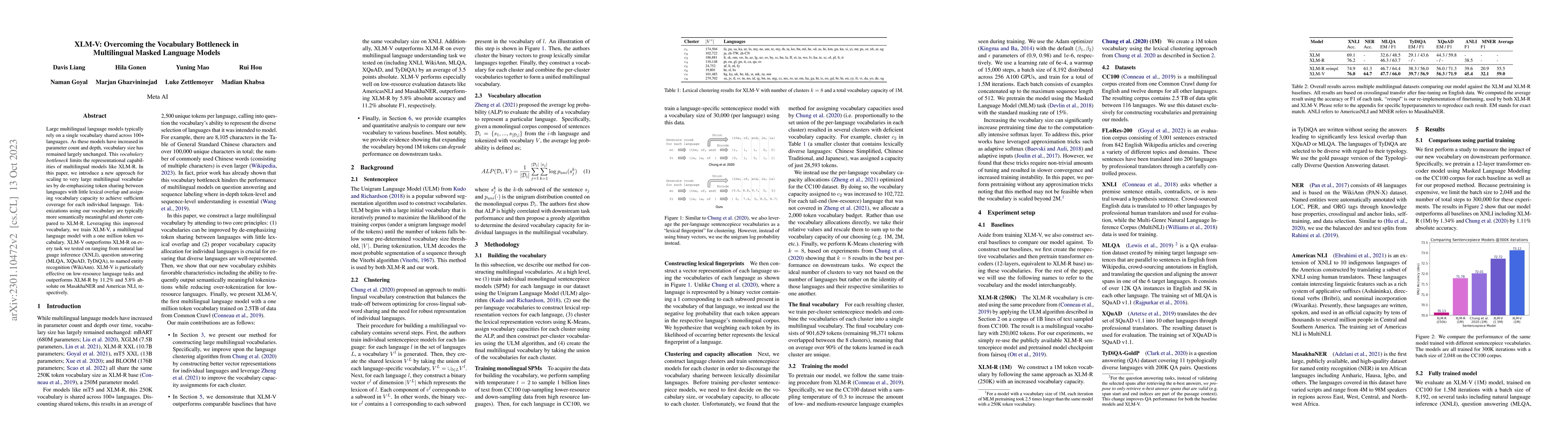 Thumbnail for XLM-V: Overcoming the Vocabulary Bottleneck in Multilingual Masked
  Language Models