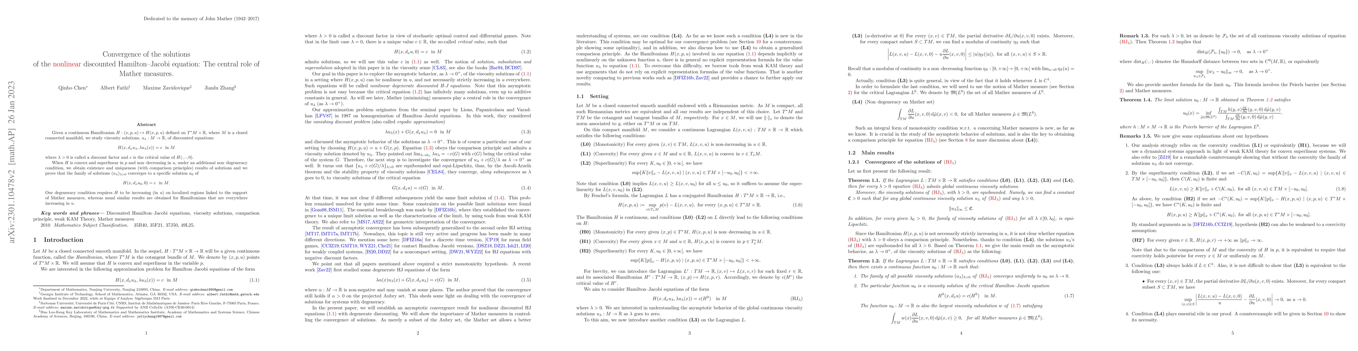 Thumbnail for Convergence of the solutions of the nonlinear discounted Hamilton-Jacobi
  equation: The central role of Mather measures