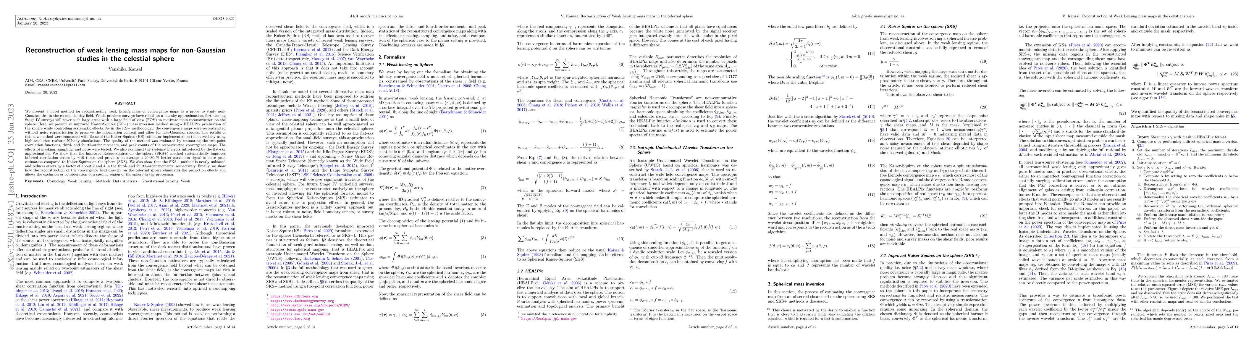Thumbnail for Reconstruction of weak lensing mass maps for non-Gaussian studies in the
  celestial sphere