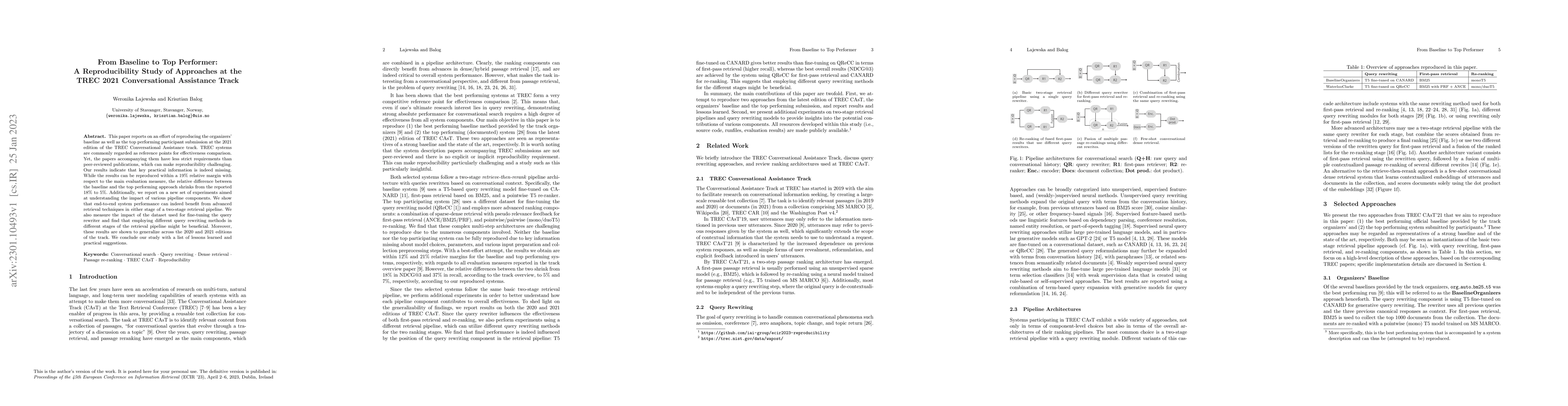 Thumbnail for From Baseline to Top Performer: A Reproducibility Study of Approaches at
  the TREC 2021 Conversational Assistance Track
