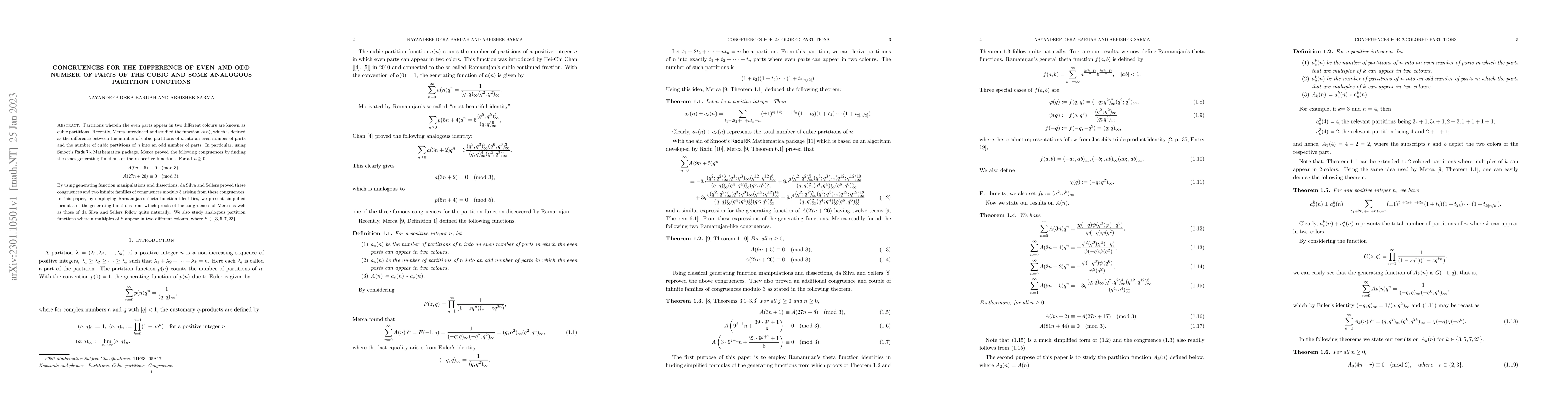 Thumbnail for Congruences for the difference of even and odd number of parts of the
  cubic and some analogous partition functions