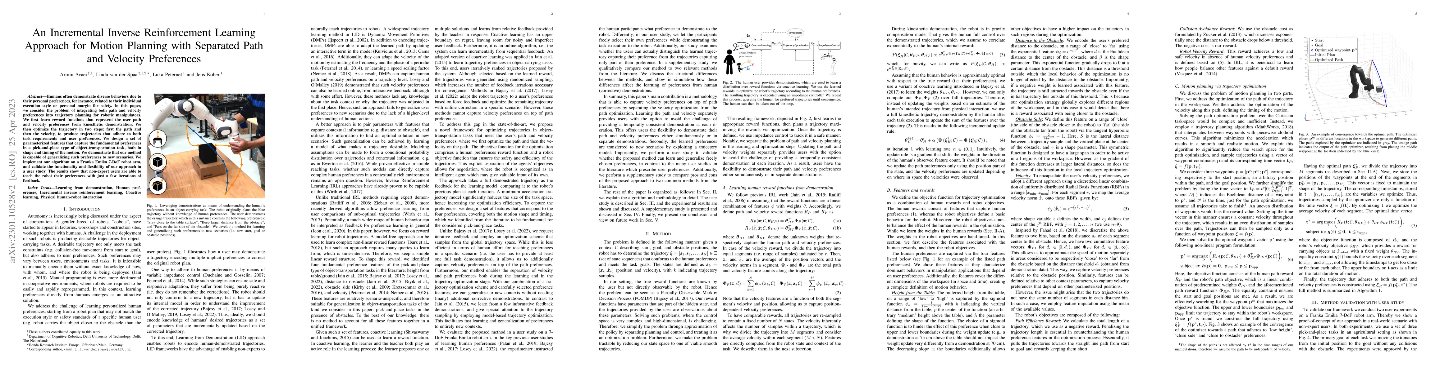 Thumbnail for An Incremental Inverse Reinforcement Learning Approach for Motion
  Planning with Separated Path and Velocity Preferences