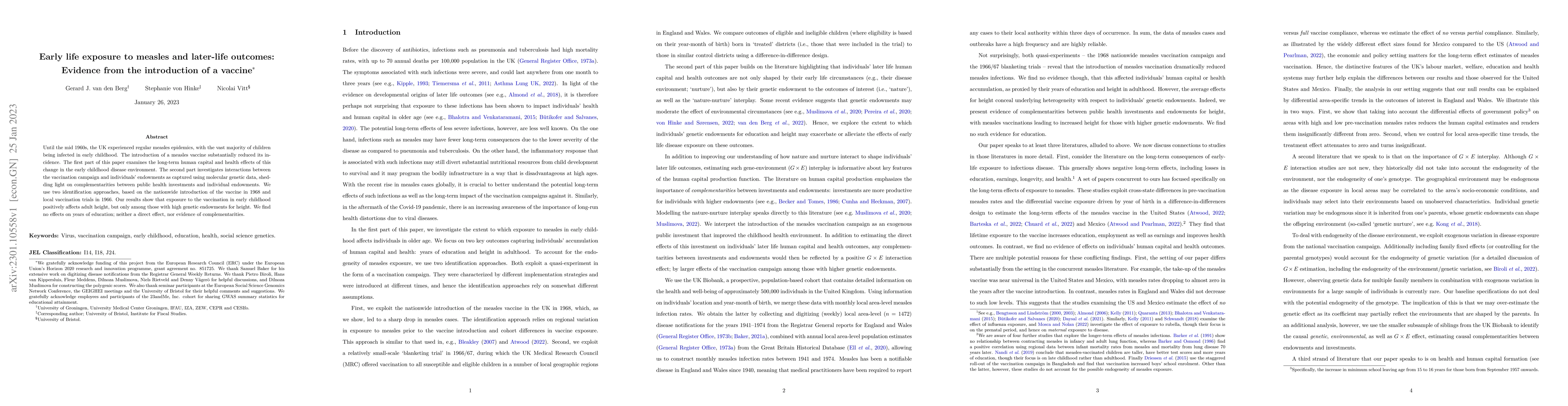 Thumbnail for Early life exposure to measles and later-life outcomes: Evidence from
  the introduction of a vaccine