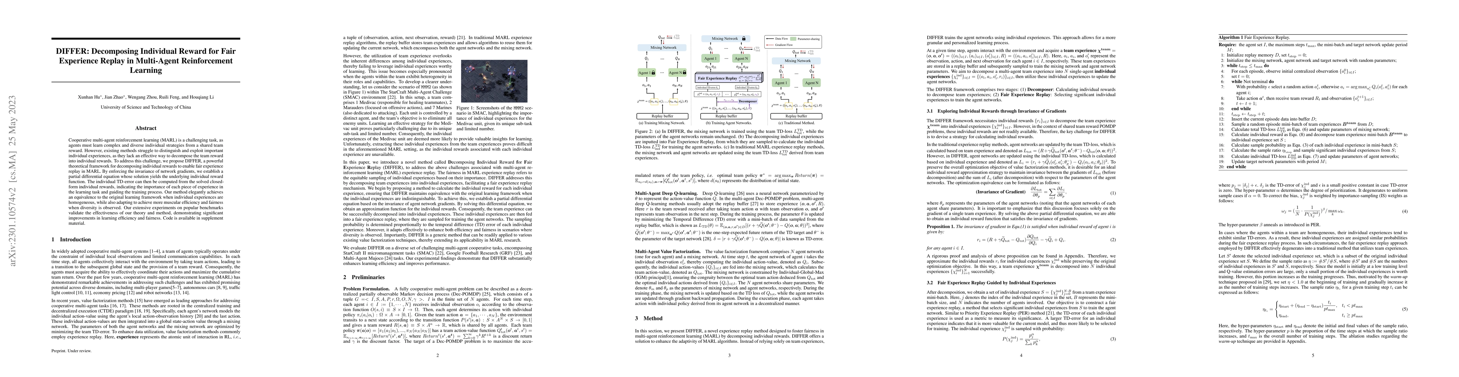 Thumbnail for DIFFER: Decomposing Individual Reward for Fair Experience Replay in
  Multi-Agent Reinforcement Learning