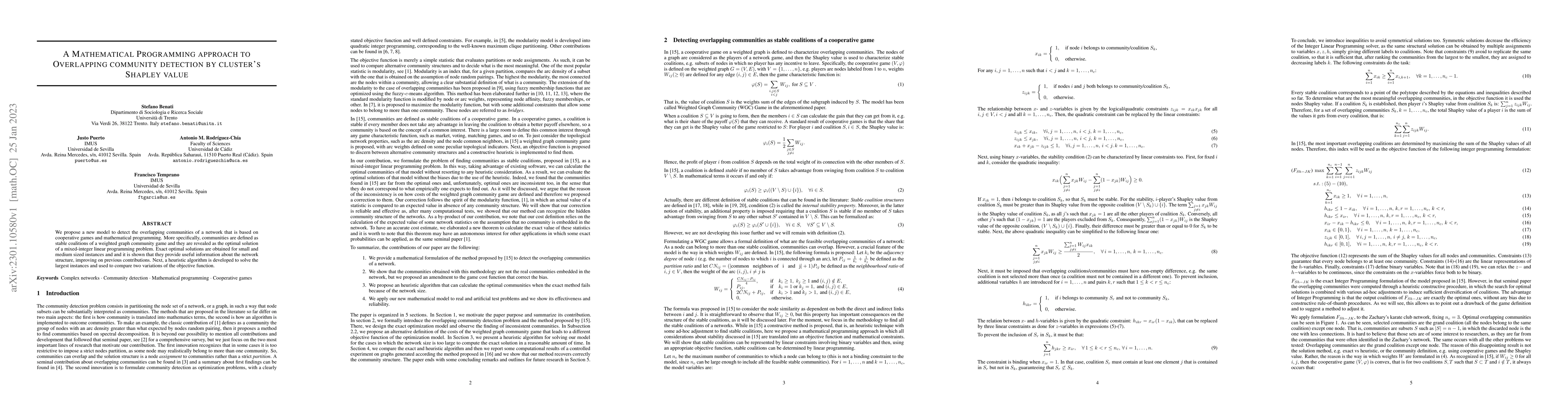 Thumbnail for A Mathematical Programming approach to Overlapping community detection
  by cluster's Shapley value