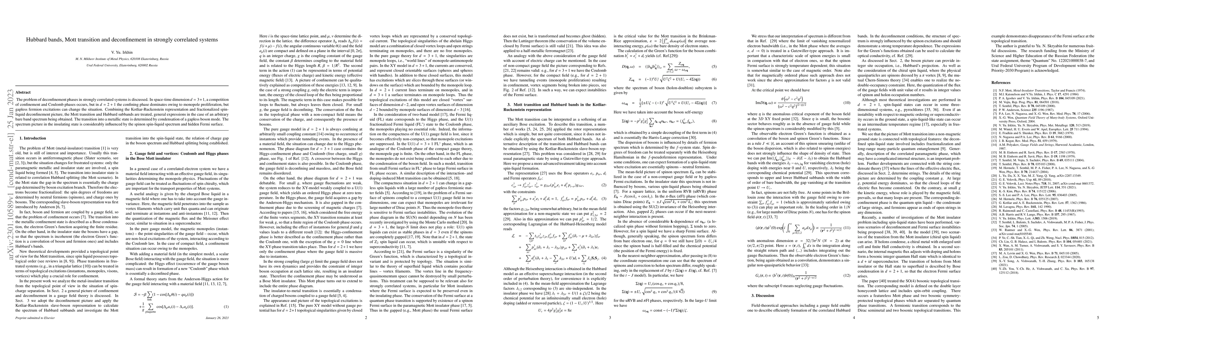 Thumbnail for Hubbard bands, Mott transition and deconfinement in strongly correlated
  systems