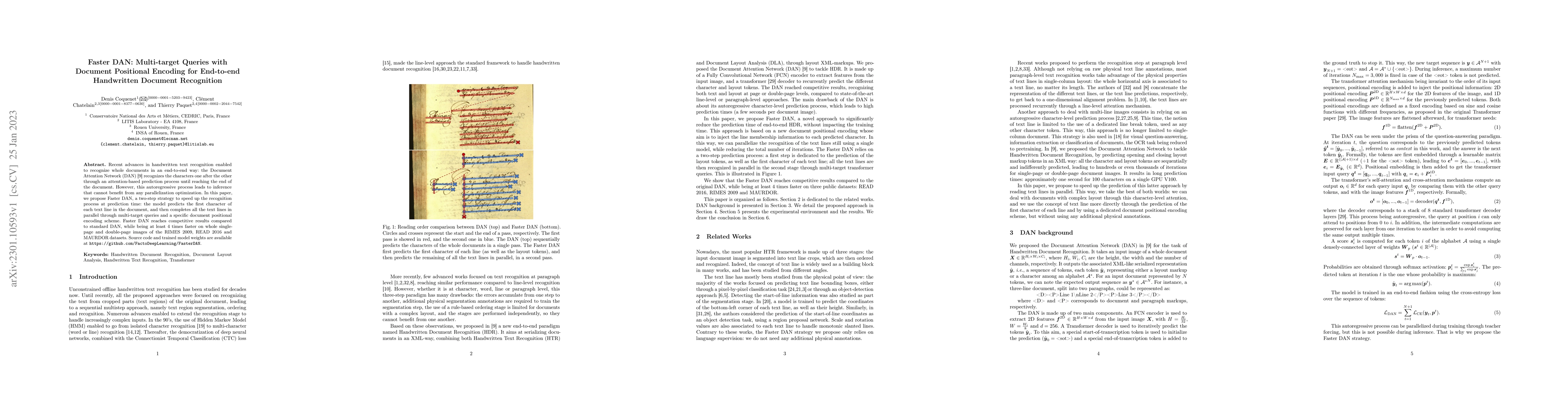 Thumbnail for Faster DAN: Multi-target Queries with Document Positional Encoding for
  End-to-end Handwritten Document Recognition
