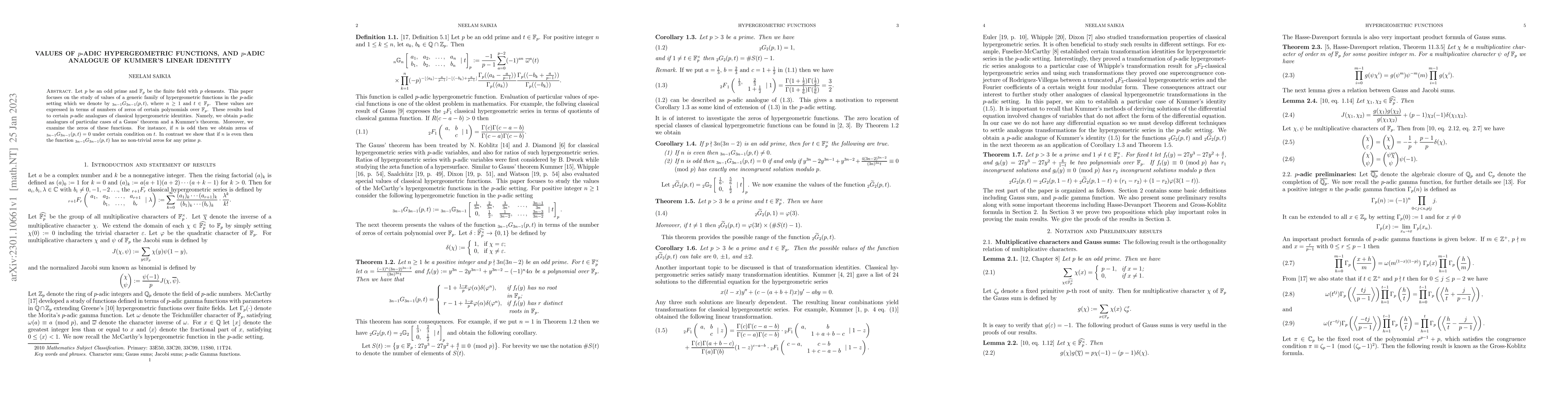 Thumbnail for Values of $p$-adic hypergeometric functions, and $p$-adic analogue of
  Kummer's linear identity