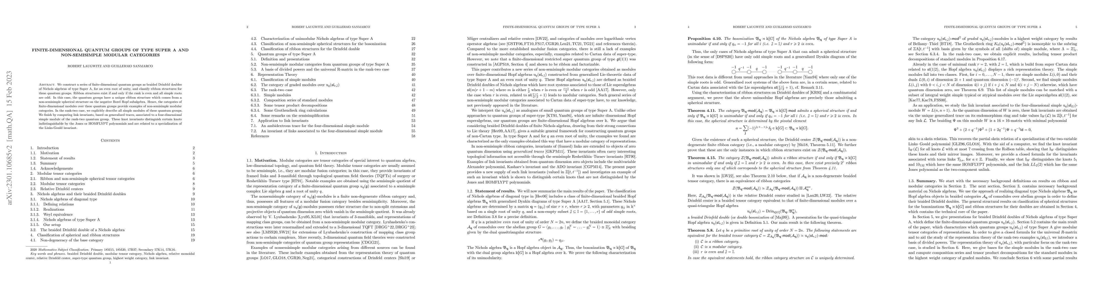 Thumbnail for Finite-dimensional quantum groups of type Super A and non-semisimple
  modular categories