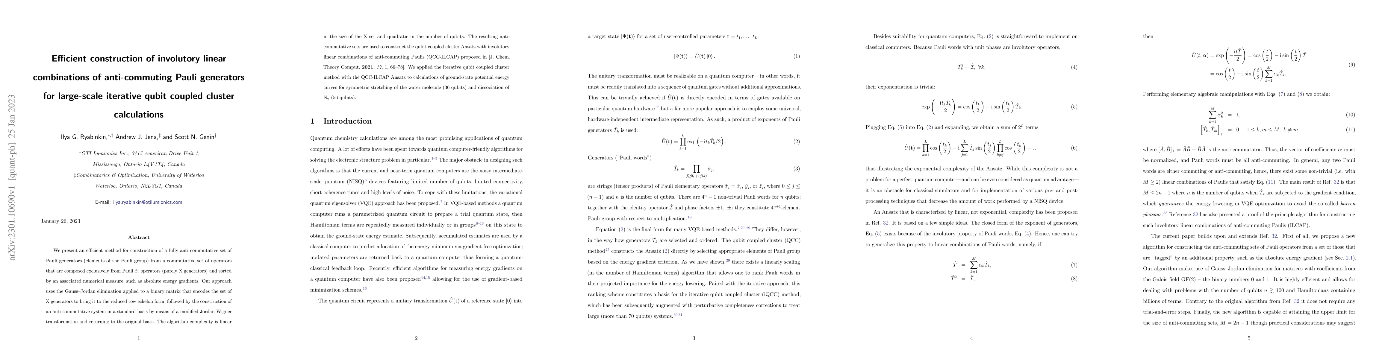 Thumbnail for Efficient construction of involutory linear combinations of
  anti-commuting Pauli generators for large-scale iterative qubit coupled
  cluster calculations