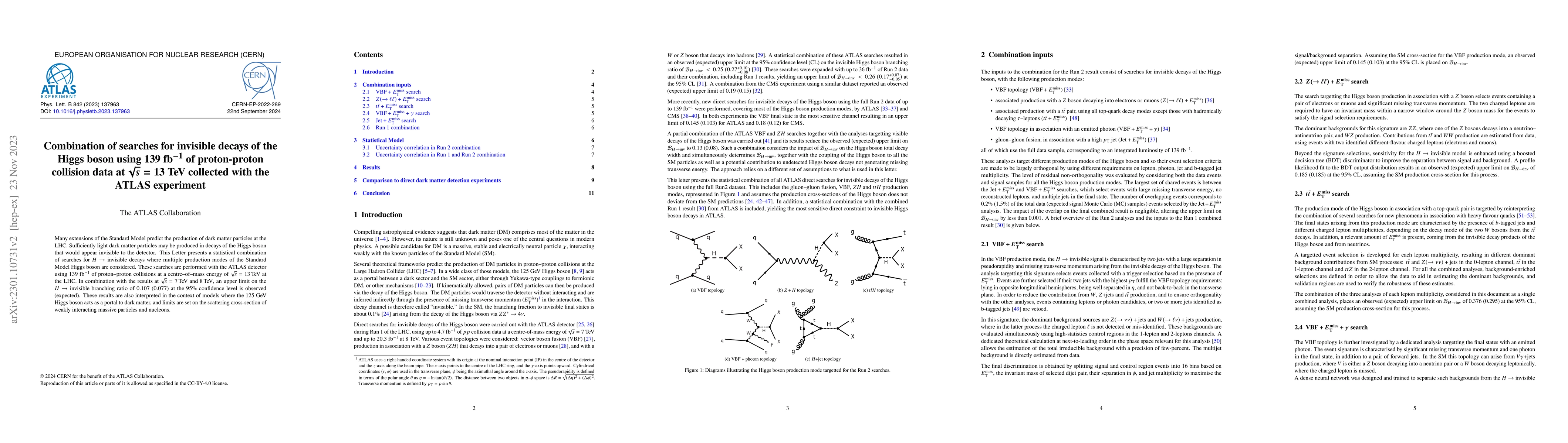 Thumbnail for Combination of searches for invisible decays of the Higgs boson using
  139 fb$^{-1}$ of proton-proton collision data at $\sqrt{s} = 13$ TeV
  collected with the ATLAS experiment
