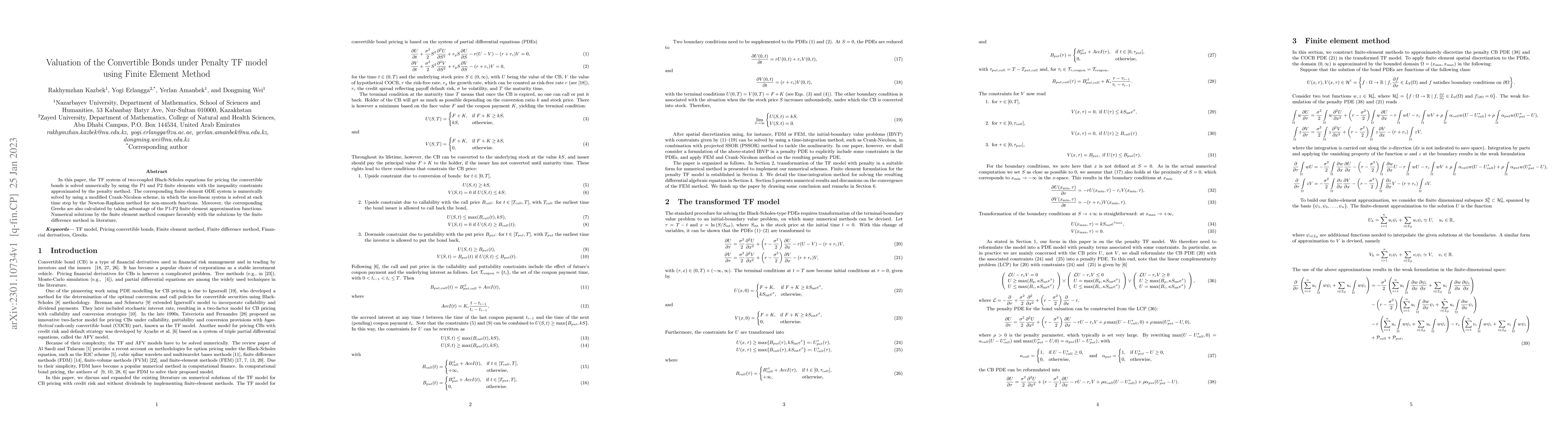 Thumbnail for Valuation of the Convertible Bonds under Penalty TF model using Finite
  Element Method