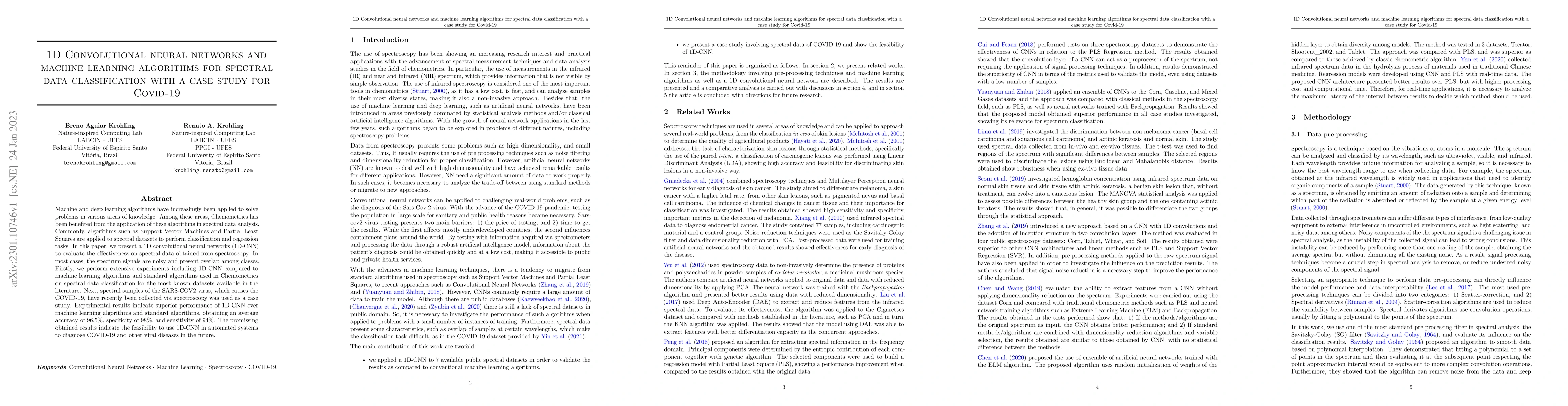Thumbnail for 1D Convolutional neural networks and machine learning algorithms for
  spectral data classification with a case study for Covid-19