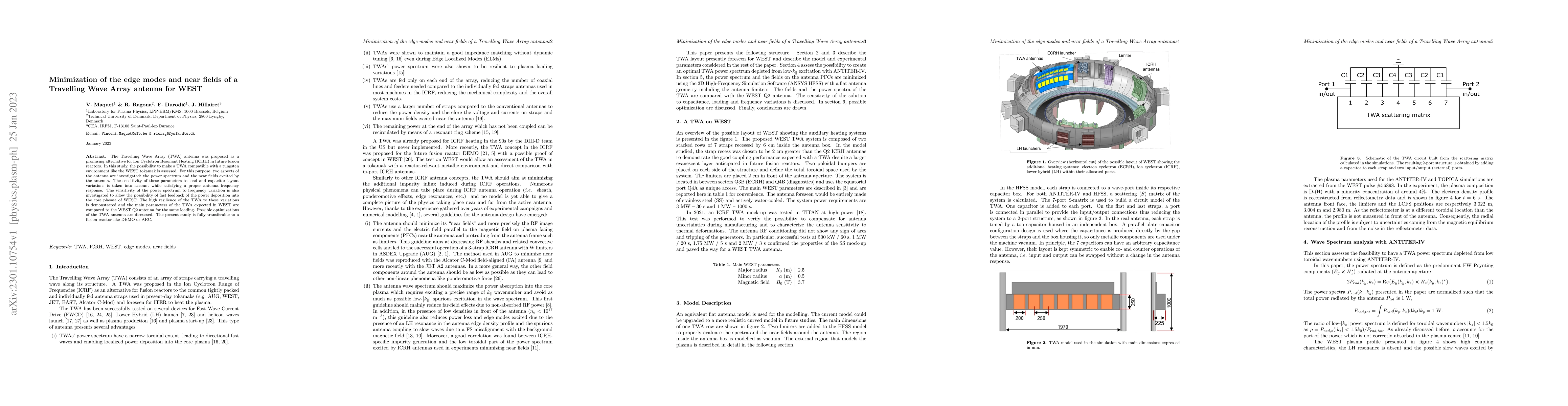 Thumbnail for Minimization of the edge modes and near fields of a Travelling Wave
  Array antenna for WEST
