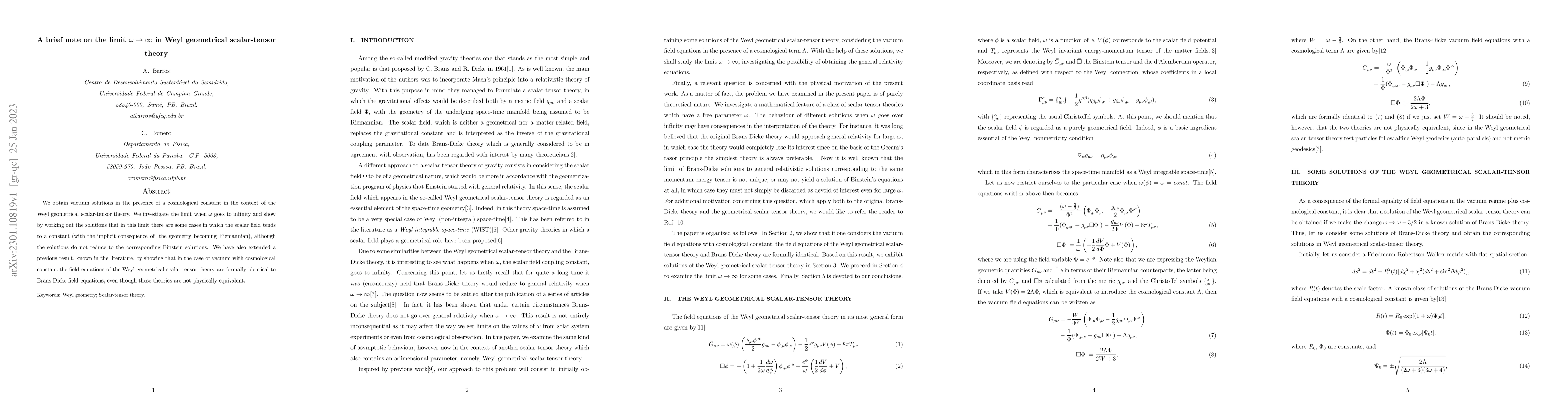 Thumbnail for A brief note on the limit $\omega\rightarrow\infty$ in Weyl geometrical
  scalar-tensor theory