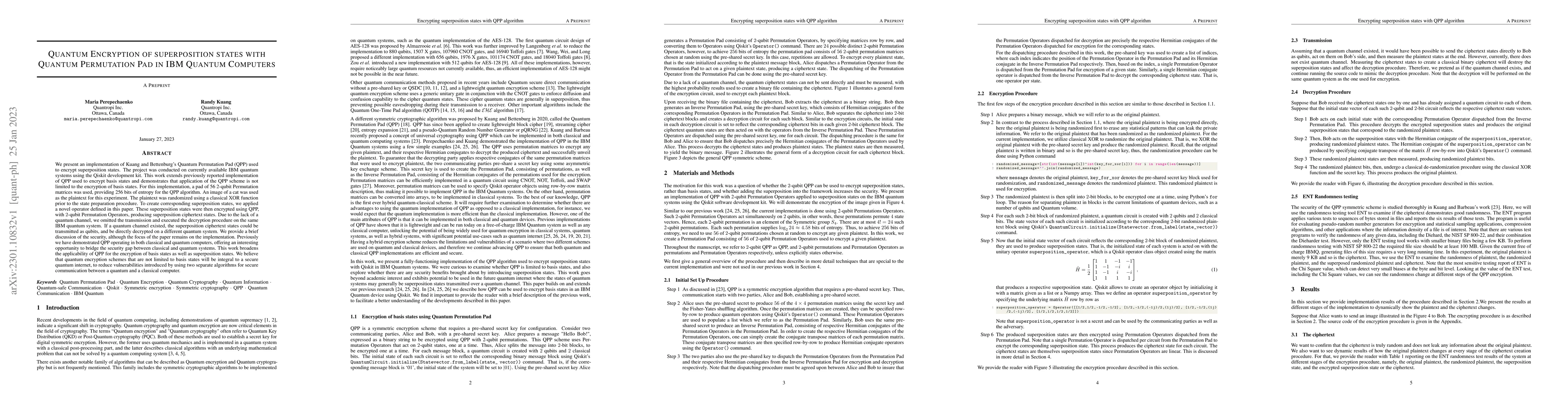 Thumbnail for Quantum Encryption of superposition states with Quantum Permutation Pad
  in IBM Quantum Computers