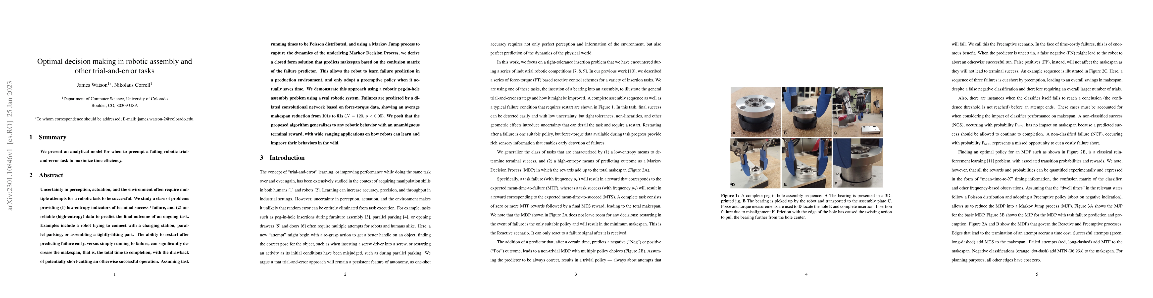 Thumbnail for Optimal decision making in robotic assembly and other trial-and-error
  tasks