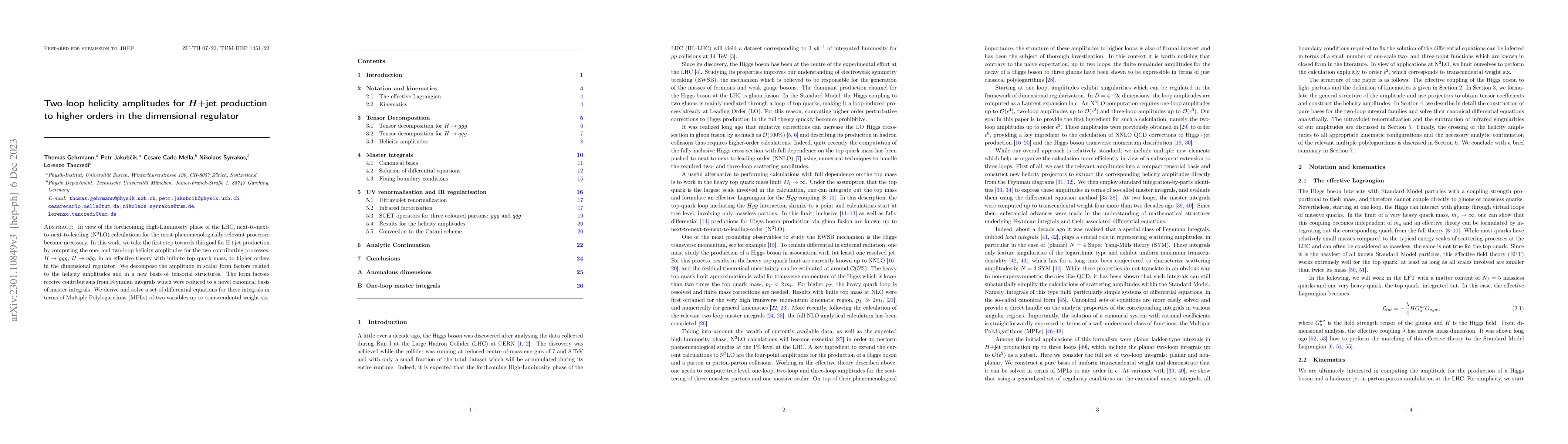 Thumbnail for Two-loop helicity amplitudes for $H+$jet production to higher orders in
  the dimensional regulator