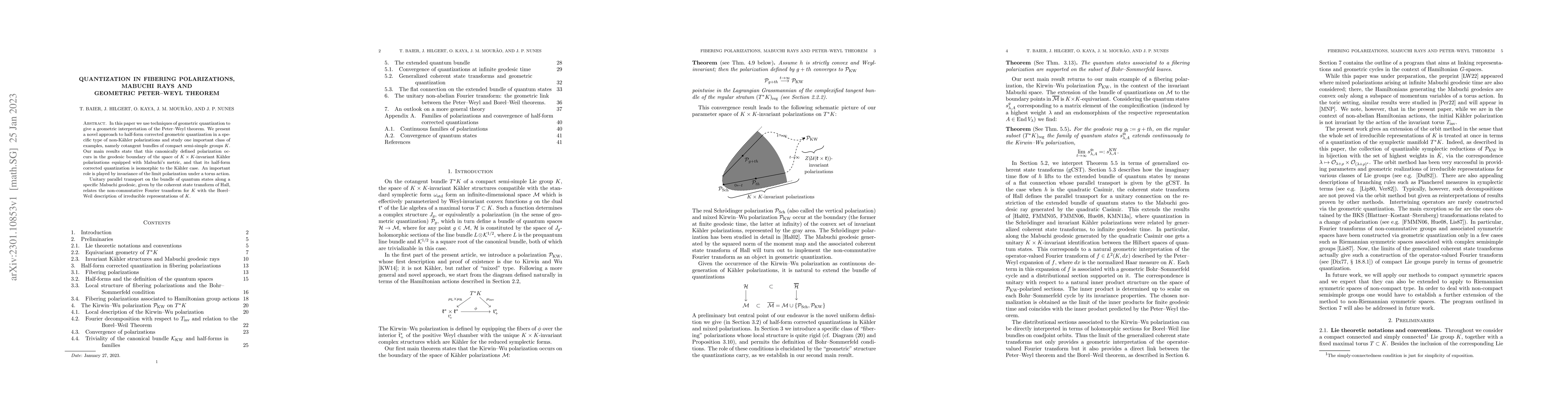 Thumbnail for Quantization in fibering polarizations, Mabuchi rays and geometric
  Peter--Weyl theorem
