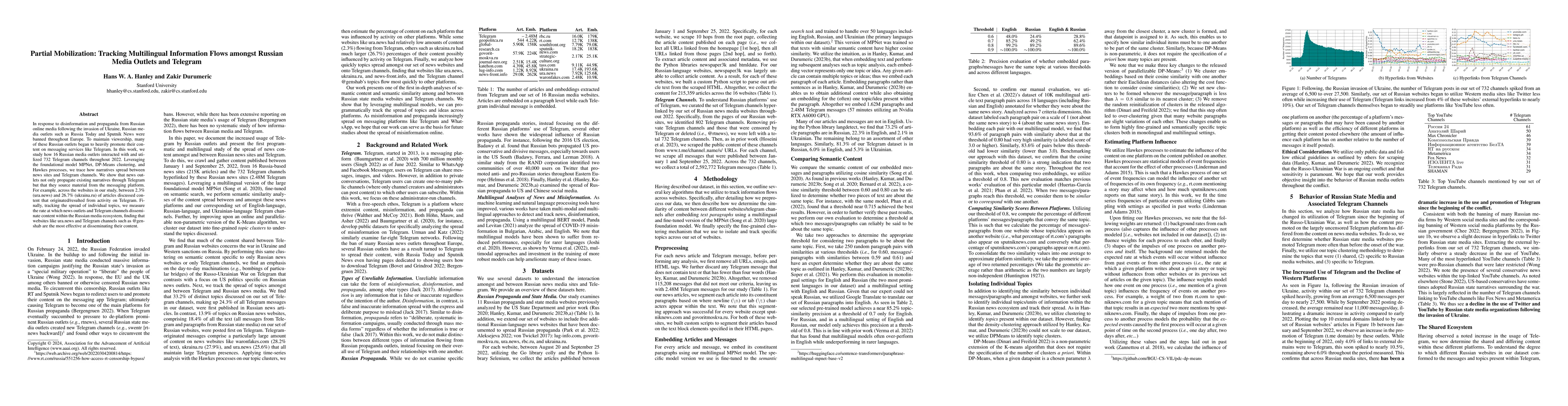 Thumbnail for Partial Mobilization: Tracking Multilingual Information Flows Amongst
  Russian Media Outlets and Telegram