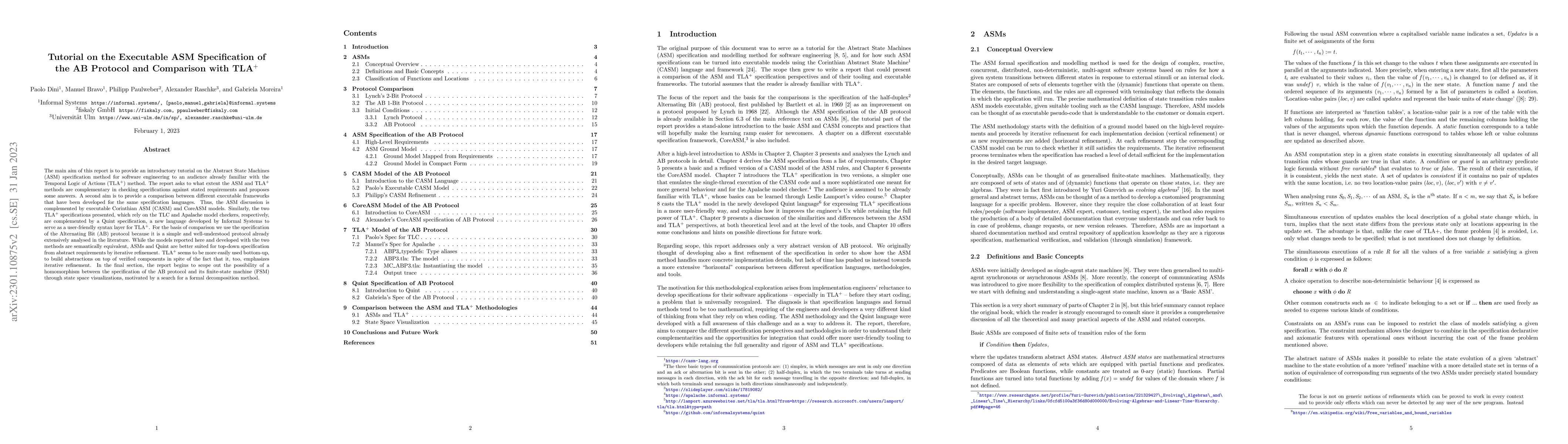 Thumbnail for Tutorial on the Executable ASM Specification of the AB Protocol and
  Comparison with TLA$^+$