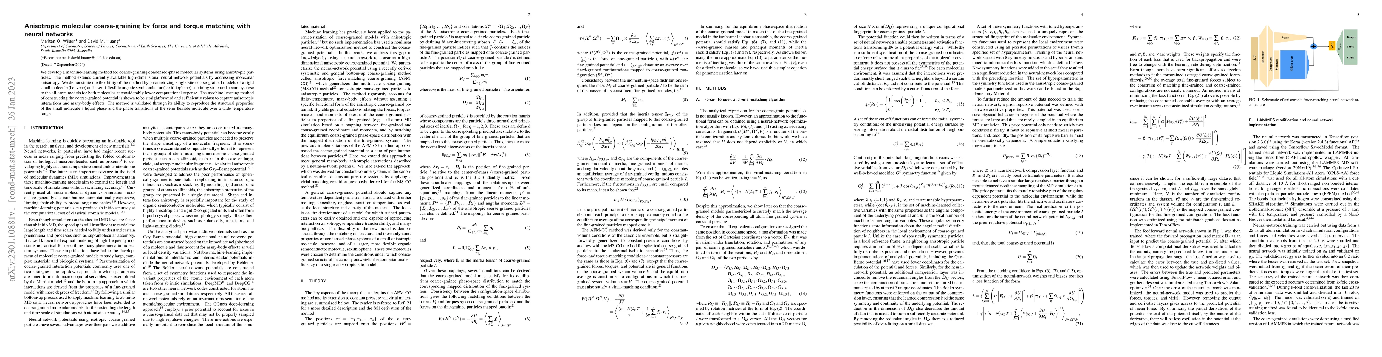 Thumbnail for Anisotropic molecular coarse-graining by force and torque matching with
  neural networks