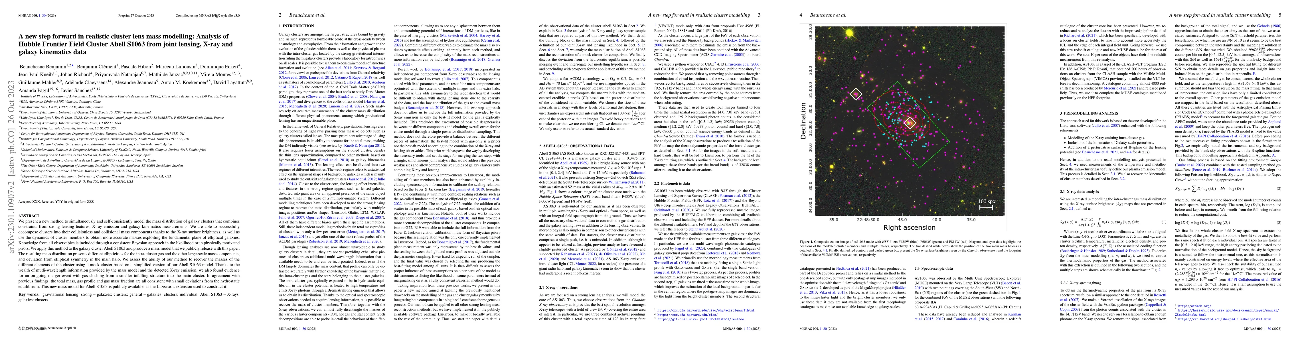 Thumbnail for A new step forward in realistic cluster lens mass modelling: Analysis of
  Hubble Frontier Field Cluster Abell S1063 from joint lensing, X-ray and
  galaxy kinematics data