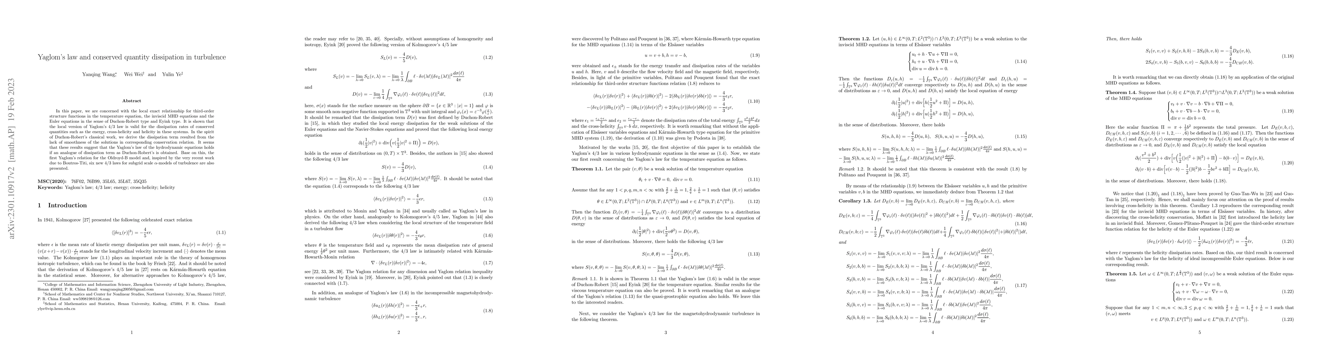 Thumbnail for Yaglom's law and conserved quantity dissipation in turbulence