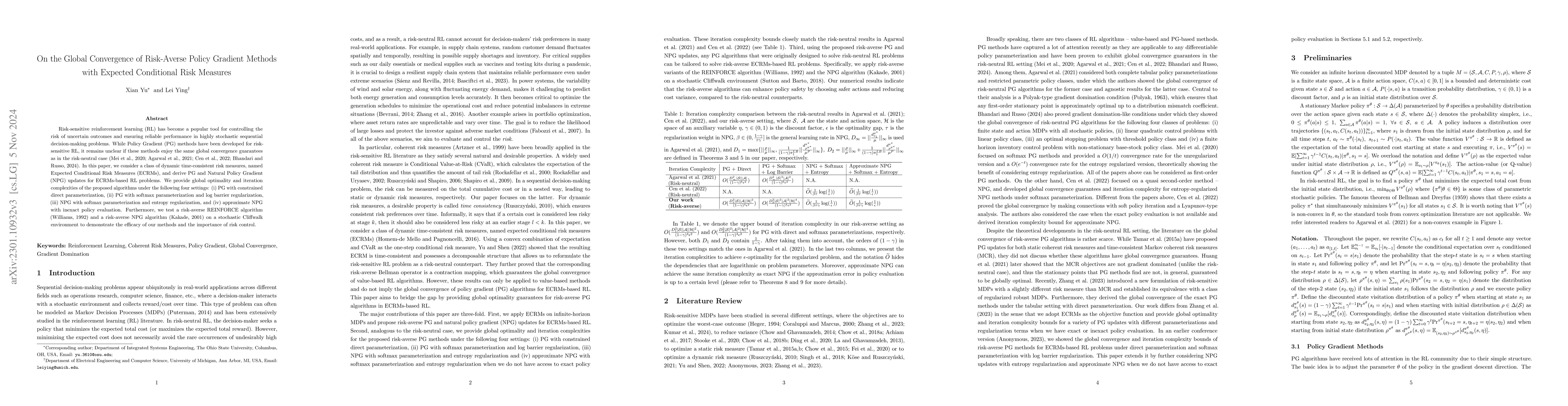 Thumbnail for On the Global Convergence of Risk-Averse Policy Gradient Methods with
  Expected Conditional Risk Measures