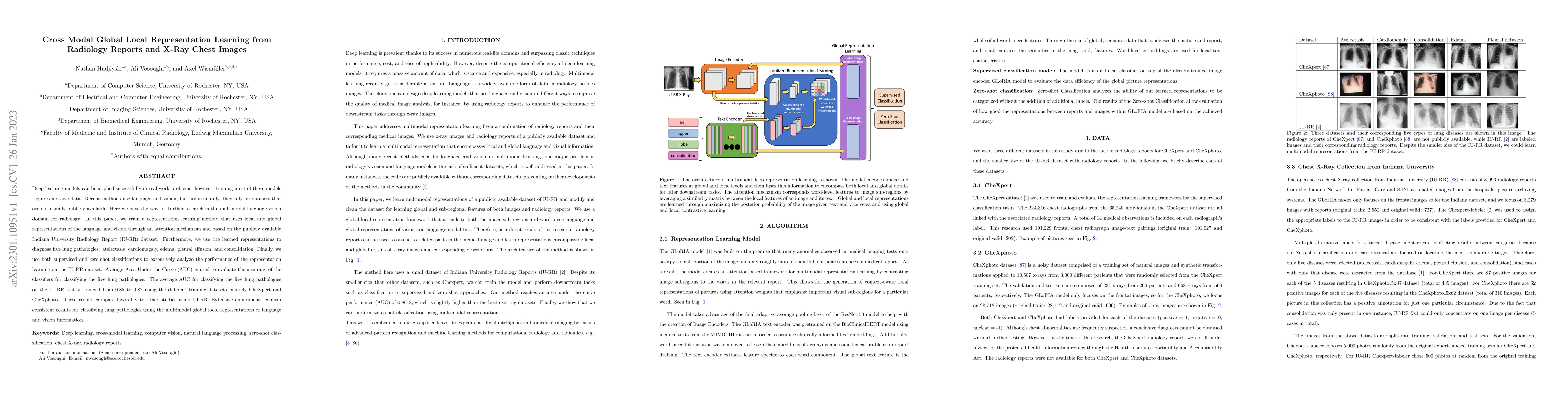 Thumbnail for Cross Modal Global Local Representation Learning from Radiology Reports
  and X-Ray Chest Images