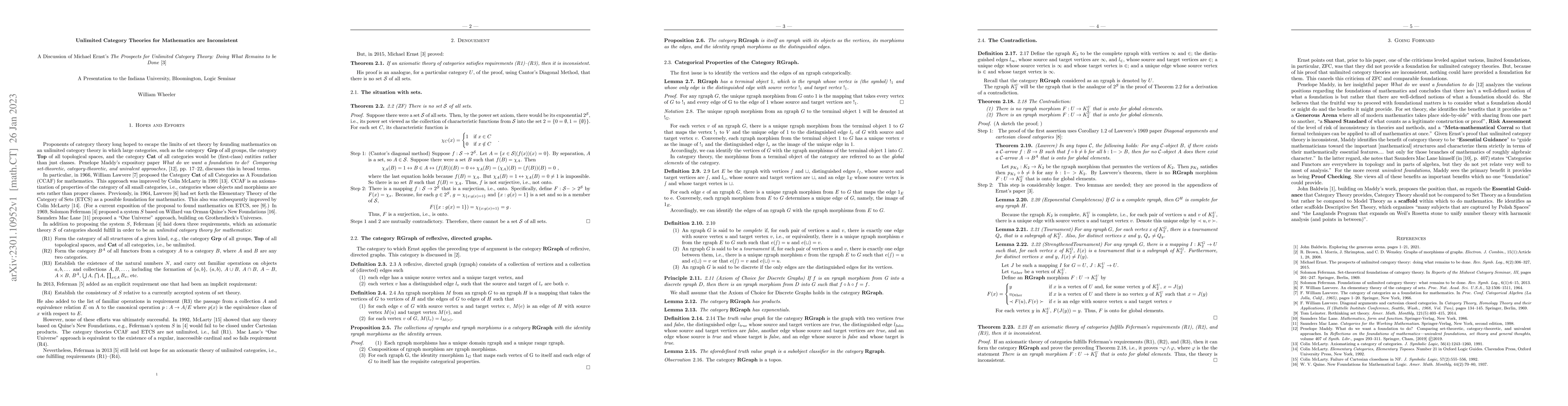 Thumbnail for Unlimited Category Theories for Mathematics are Inconsistent: A
  Discussion of Michael Ernst's "The Prospects for Unlimited Category Theory:
  Doing What Remains to be Done"