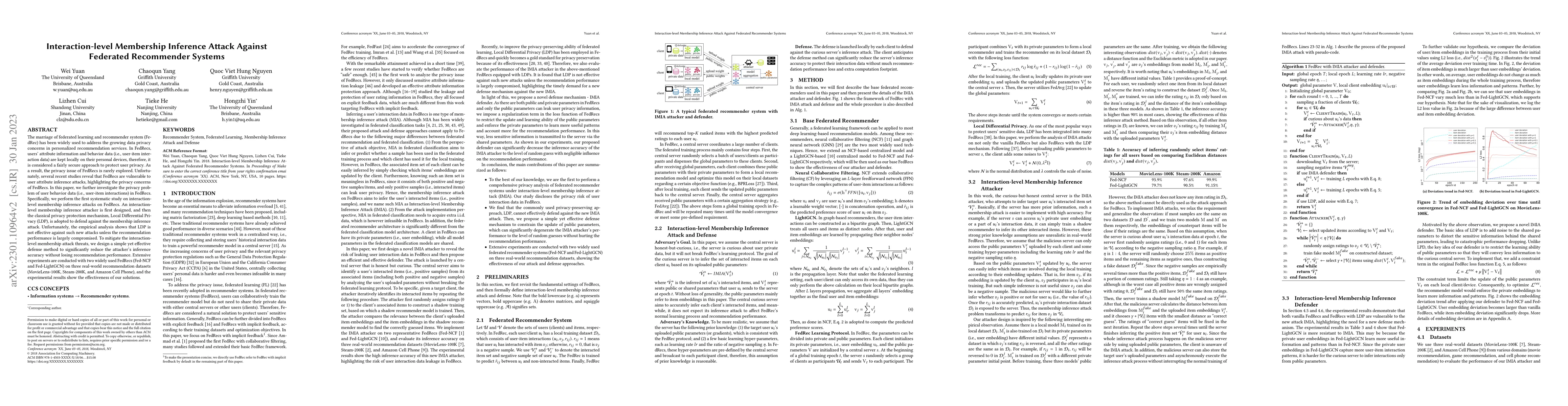 Thumbnail for Interaction-level Membership Inference Attack Against Federated
  Recommender Systems