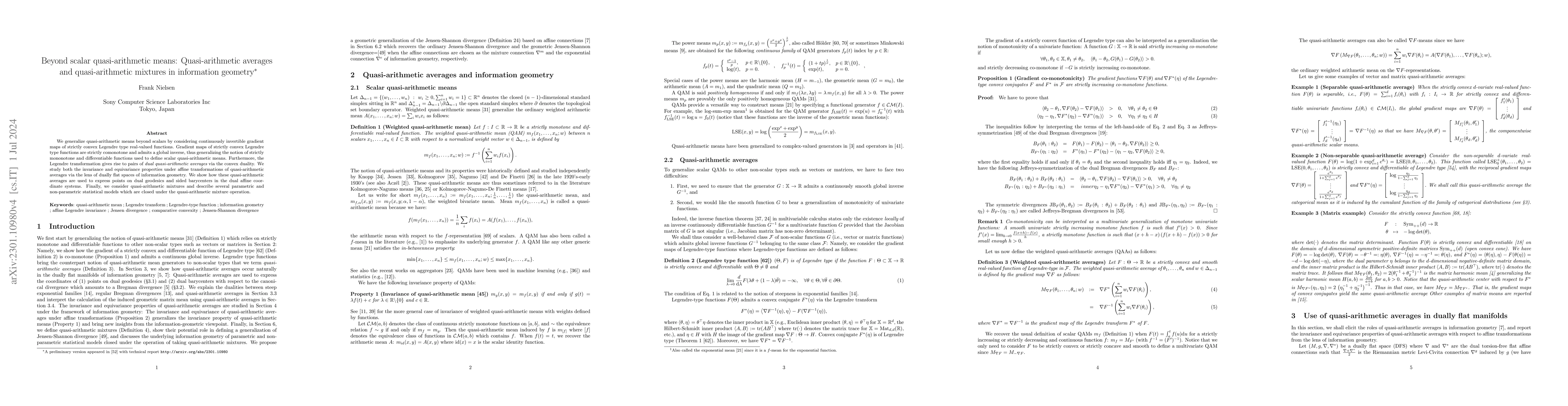 Thumbnail for Beyond scalar quasi-arithmetic means: Quasi-arithmetic averages and
  quasi-arithmetic mixtures in information geometry