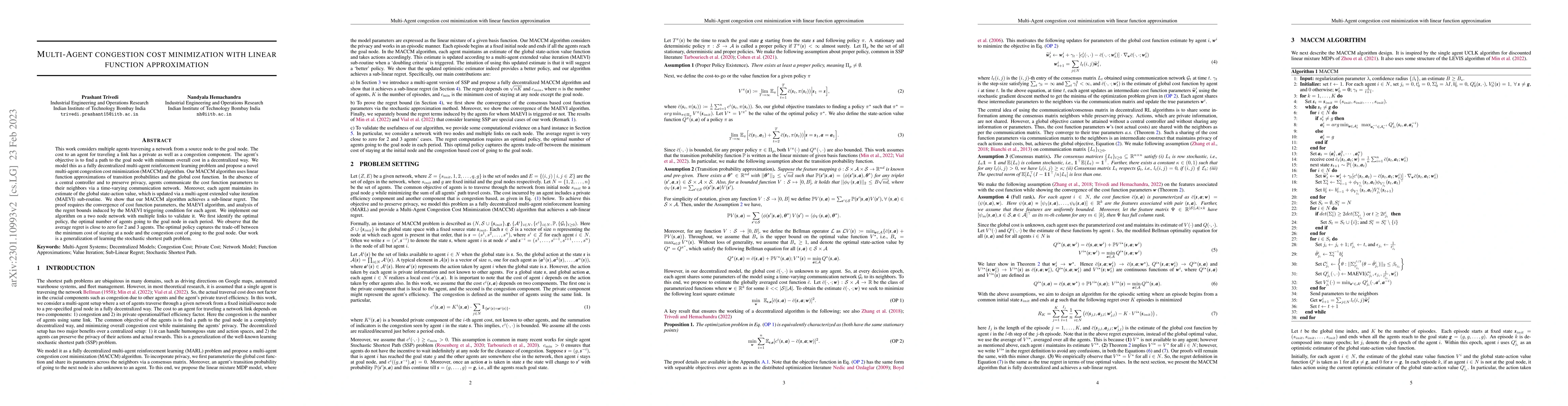 Thumbnail for Multi-Agent Congestion Cost Minimization With Linear Function
  Approximations