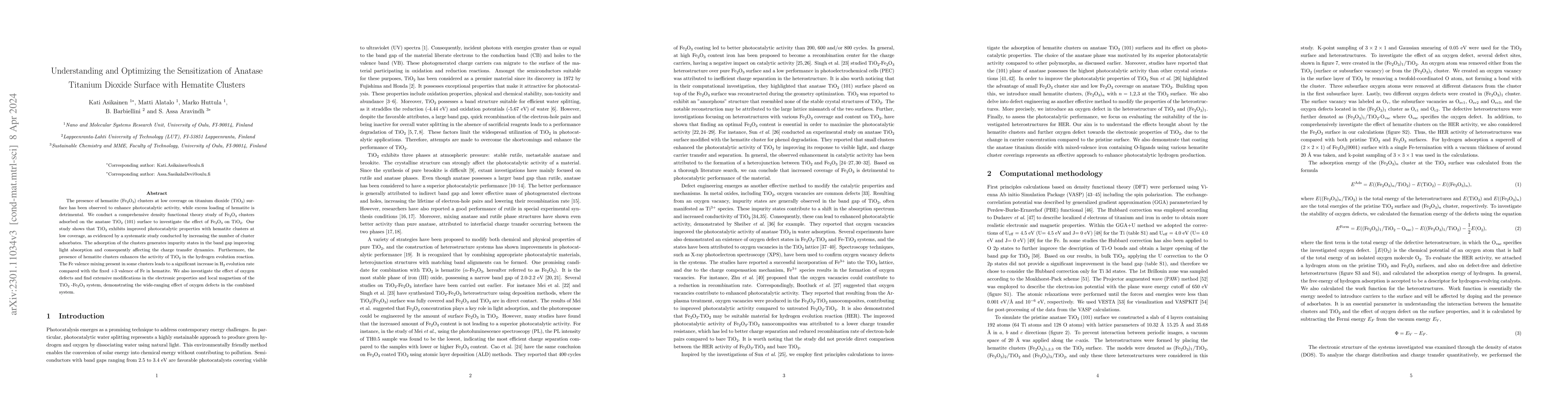 Thumbnail for Understanding and Optimizing the Sensitization of Anatase Titanium
  Dioxide Surface with Hematite Clusters