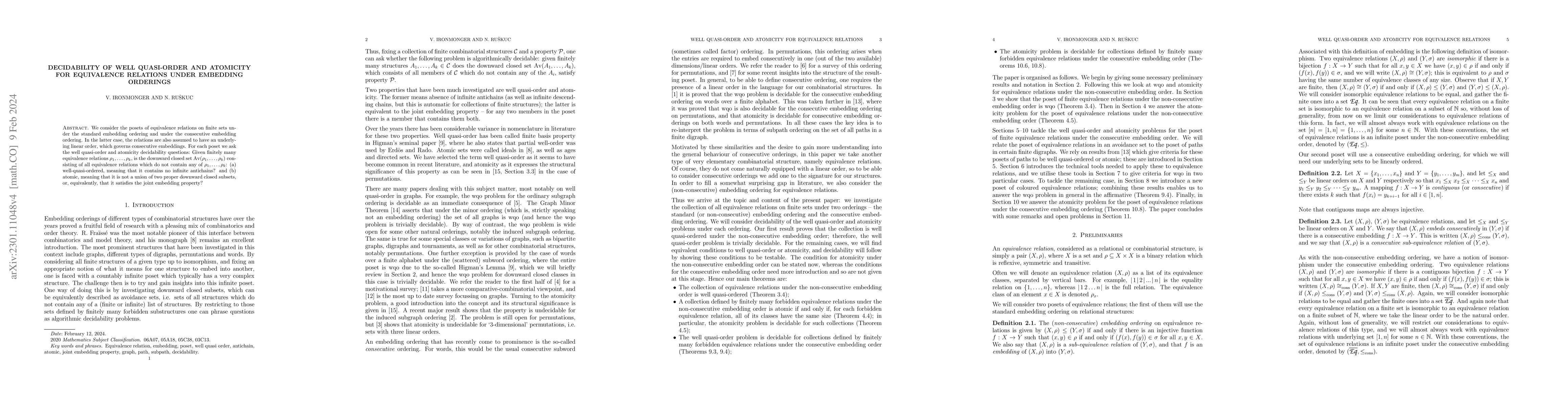 Thumbnail for Decidability of well quasi-order and atomicity for equivalence relations
  under embedding orderings