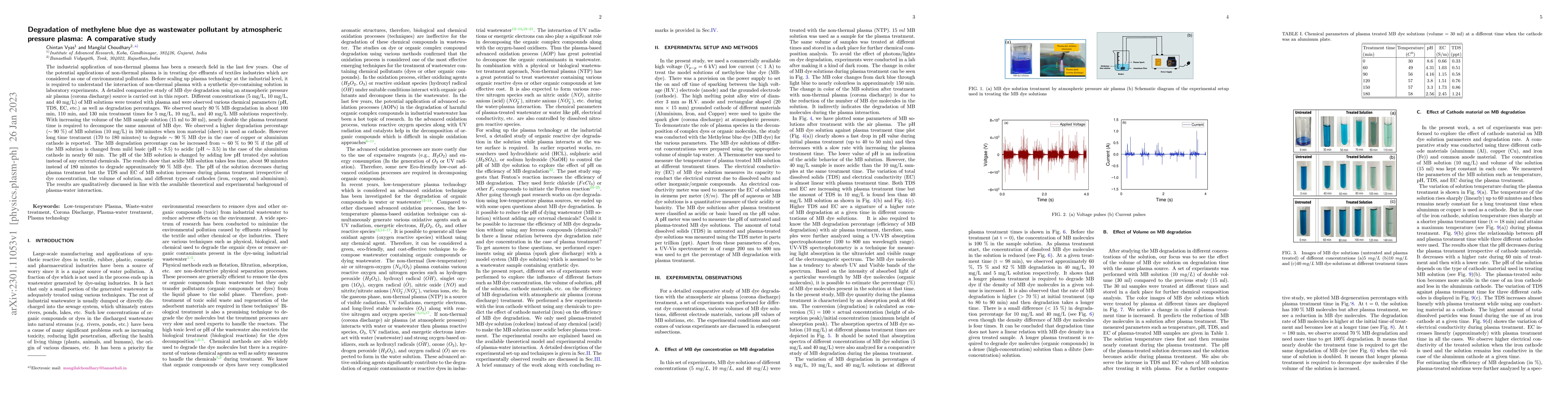 Thumbnail for Degradation of methylene blue dye as wastewater pollutant by atmospheric
  pressure plasma: A comparative study
