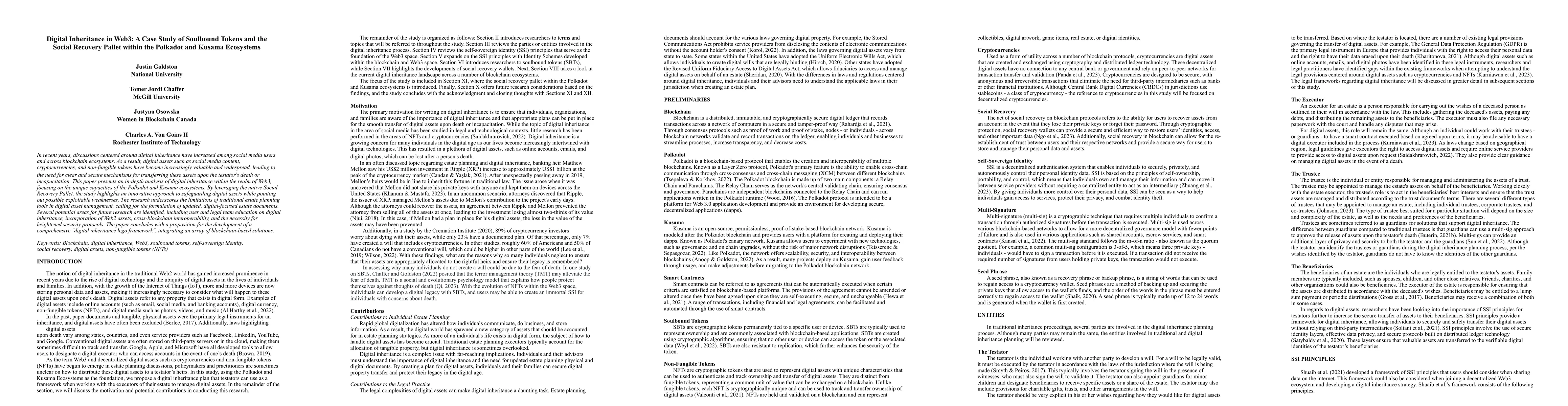Thumbnail for Digital Inheritance in Web3: A Case Study of Soulbound Tokens and the
  Social Recovery Pallet within the Polkadot and Kusama Ecosystems