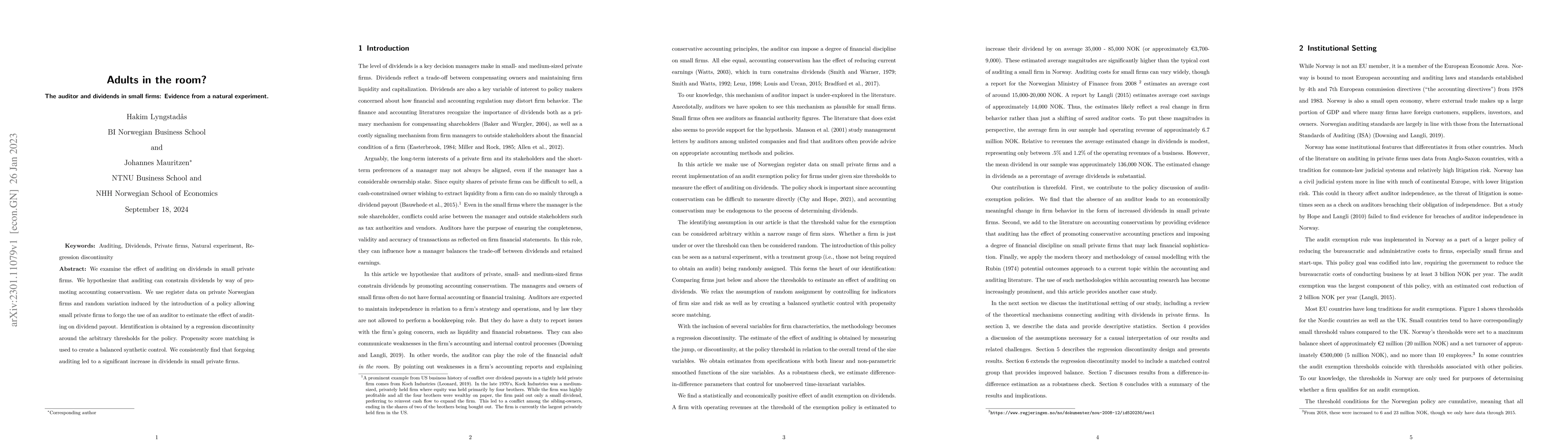 Thumbnail for Adults in the room? The auditor and dividends in small firms: Evidence
  from a natural experiment
