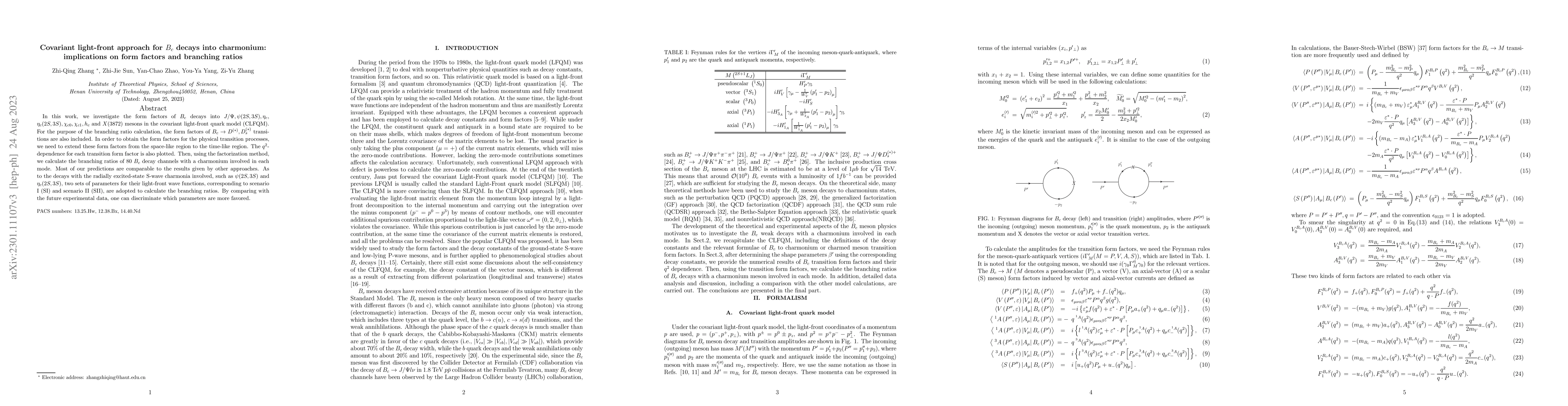 Thumbnail for Covariant Light-Front Approach for $B_c$ Decays into Charmonium:
  Implications on Form Factors and Branching Ratios