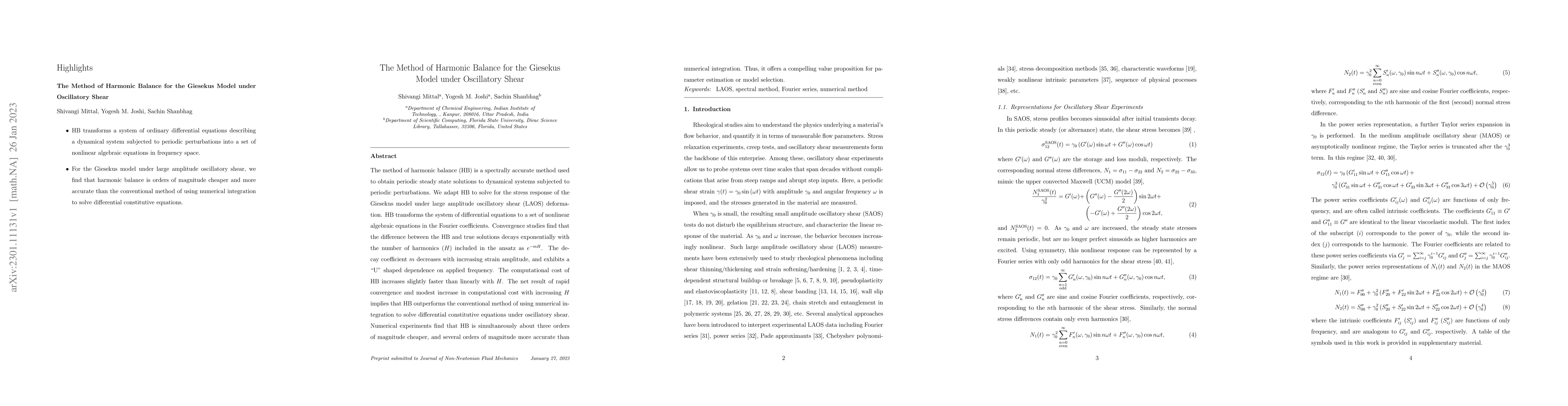 Thumbnail for The Method of Harmonic Balance for the Giesekus Model under Oscillatory
  Shear