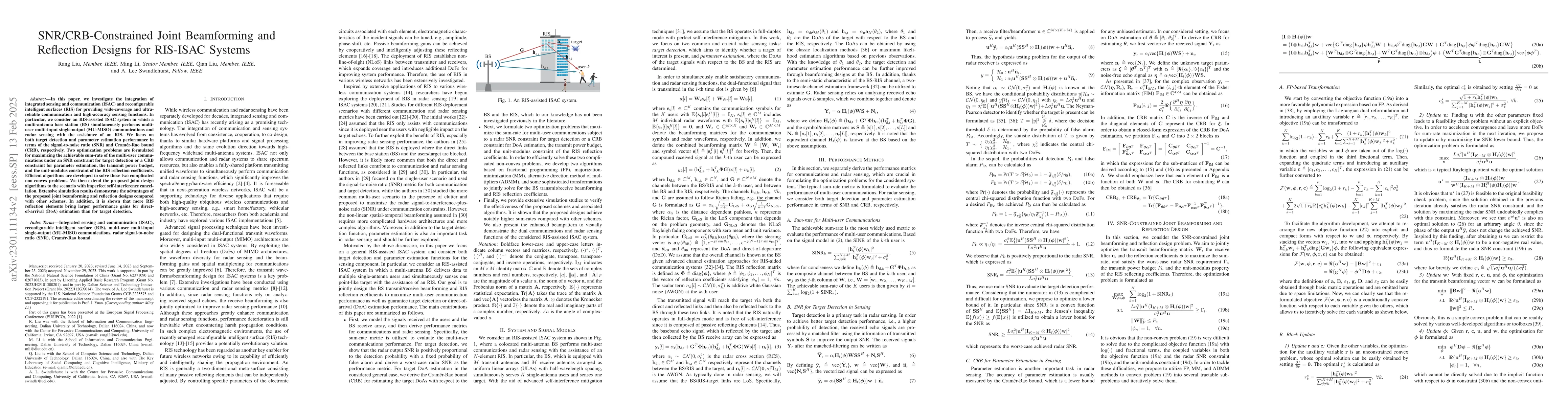 Thumbnail for SNR/CRB-Constrained Joint Beamforming and Reflection Designs for
  RIS-ISAC Systems