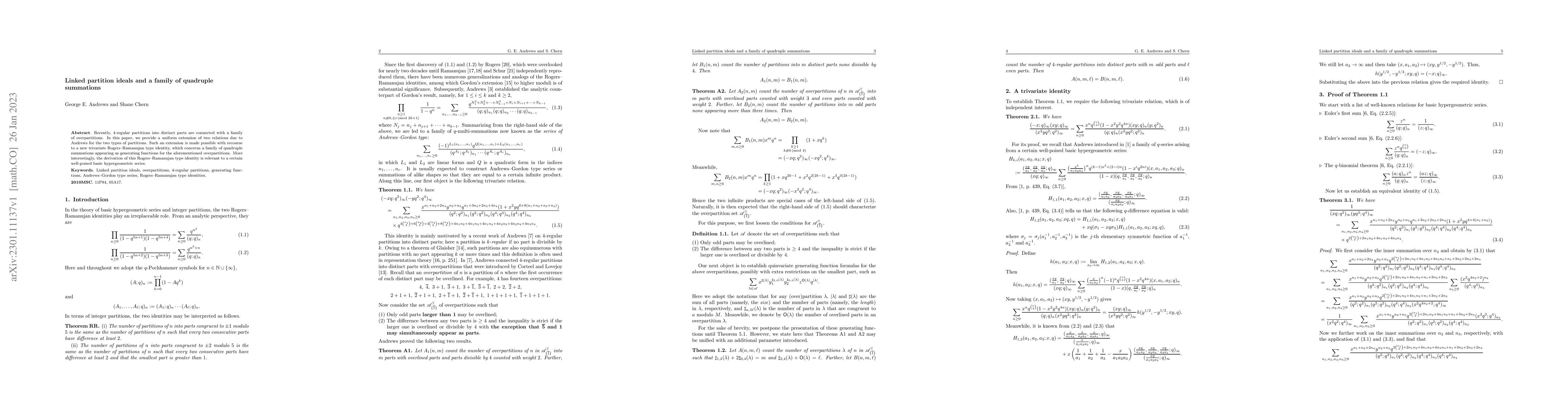 Thumbnail for Linked partition ideals and a family of quadruple summations