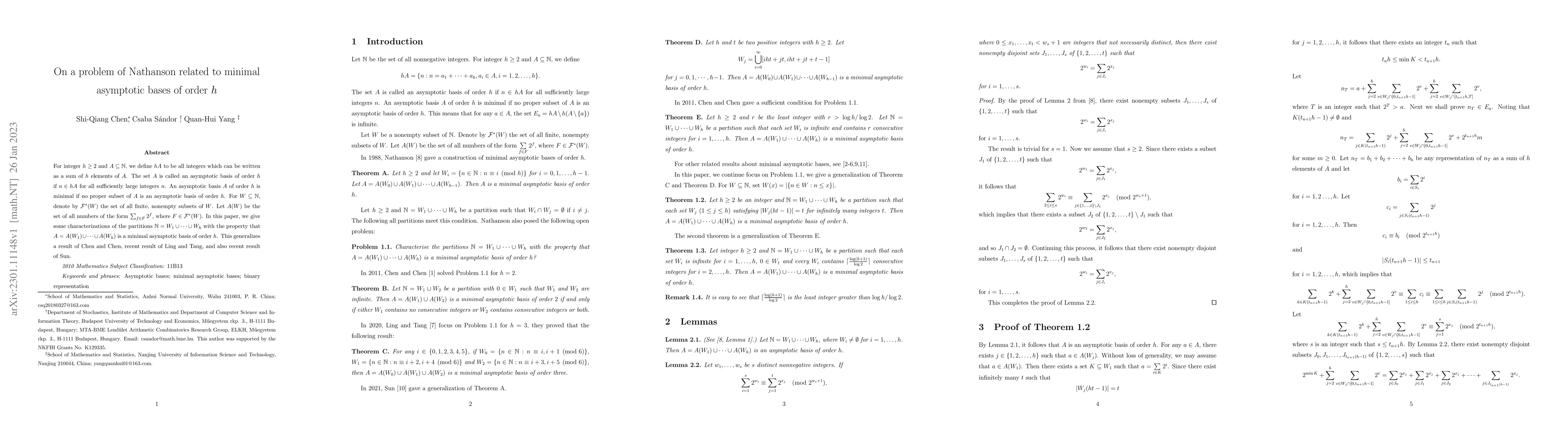 Thumbnail for On a problem of Nathanson related to minimal asymptotic bases of order
  $h$