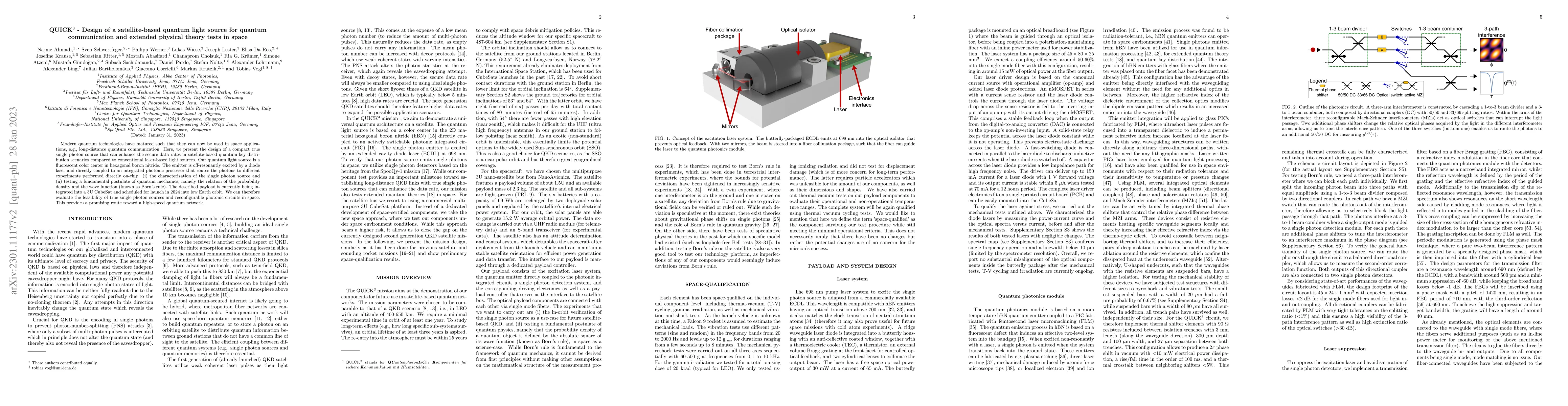Thumbnail for QUICK$^3$ -- Design of a satellite-based quantum light source for
  quantum communication and extended physical theory tests in space