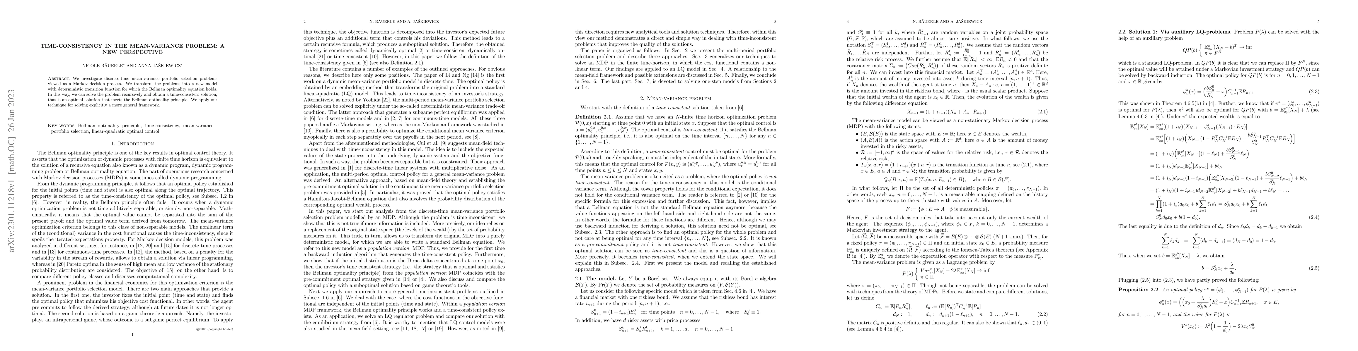 Thumbnail for Time-consistency in the mean-variance problem: A new perspective