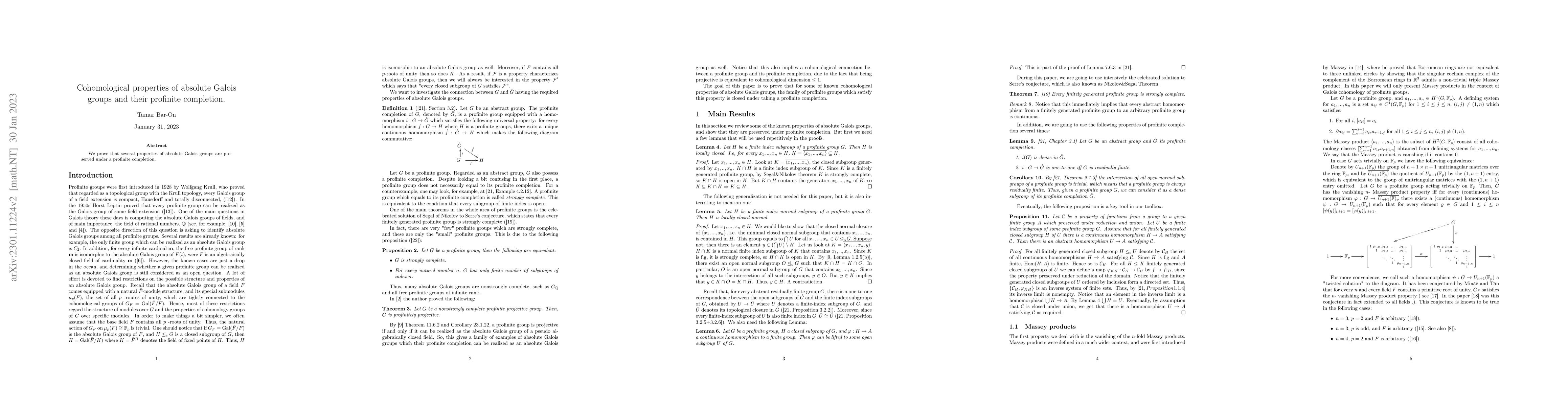 Thumbnail for Cohomological properties of absolute Galois groups and their profinite
  completion