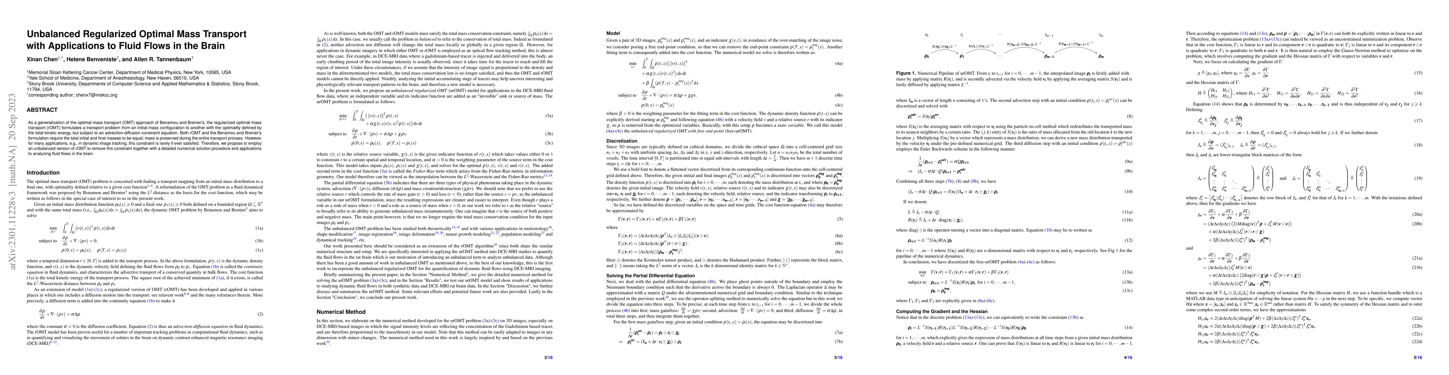 Thumbnail for Unbalanced Regularized Optimal Mass Transport with Applications to Fluid
  Flows in the Brain