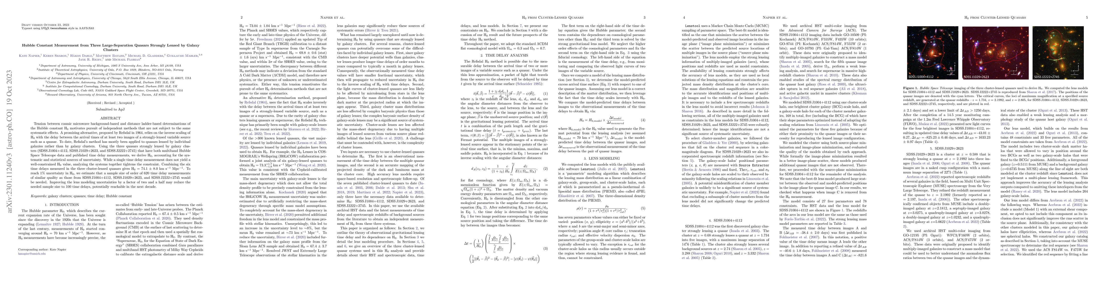 Thumbnail for Hubble Constant Measurement from Three Large-Separation Quasars Strongly
  Lensed by Galaxy Clusters
